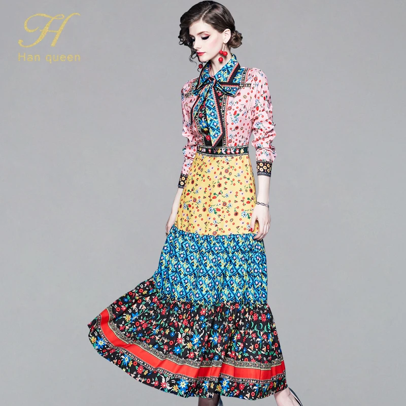 

H Han Queen Plus Size Vintage Print Elegant Long Dress Women Bow Patchwork Maxi Dresses Waist Swing Casual Work Party Vestido