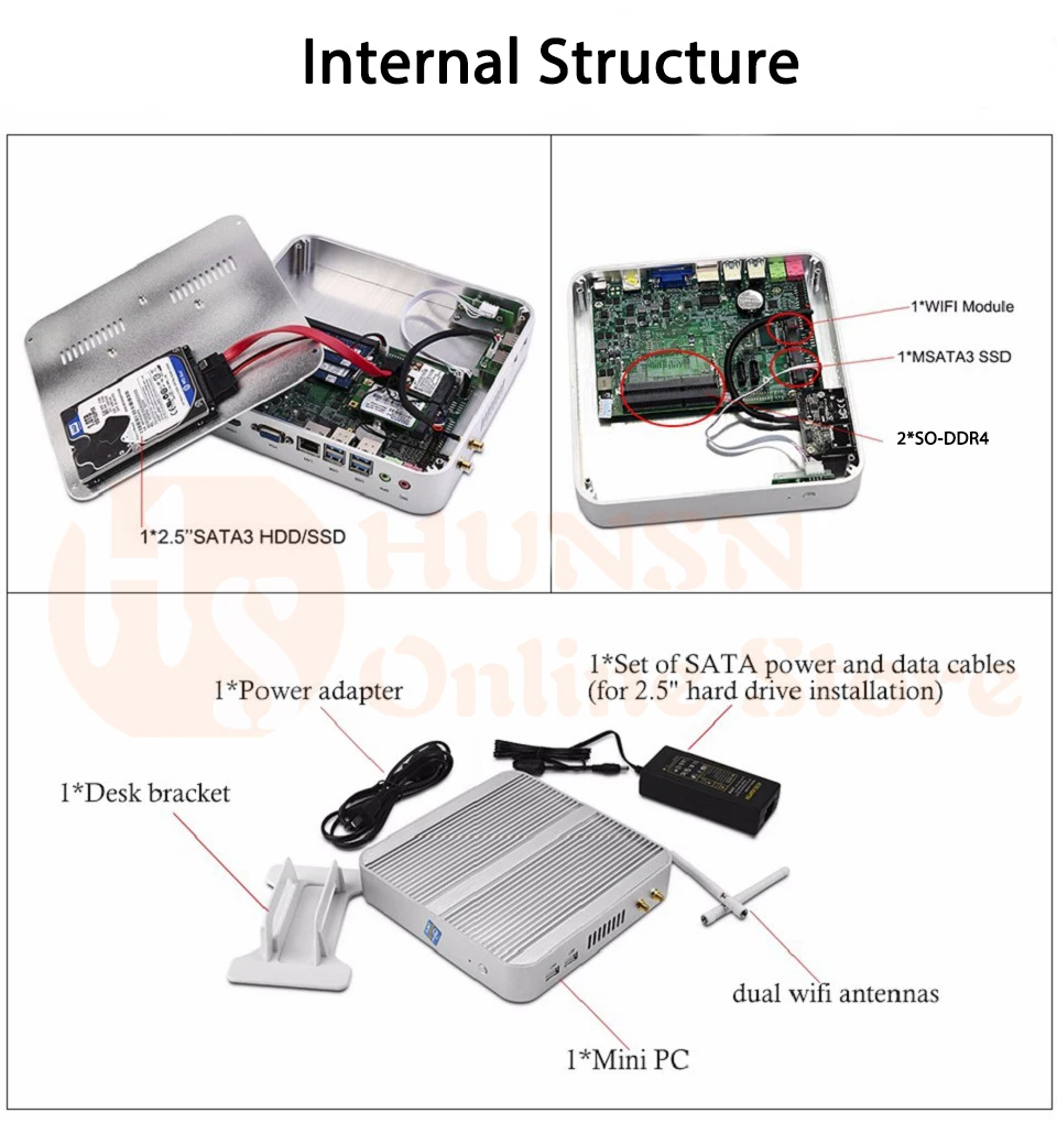 Безвентиляторный мини-ПК, Intel quad core I5 8250, Windows 10/Ubuntu, серебристый, [HUNSN BM07], (1VGA/1 HDMI/4USB3. 0/4USB2. 0/1LAN/двойной DDR4)