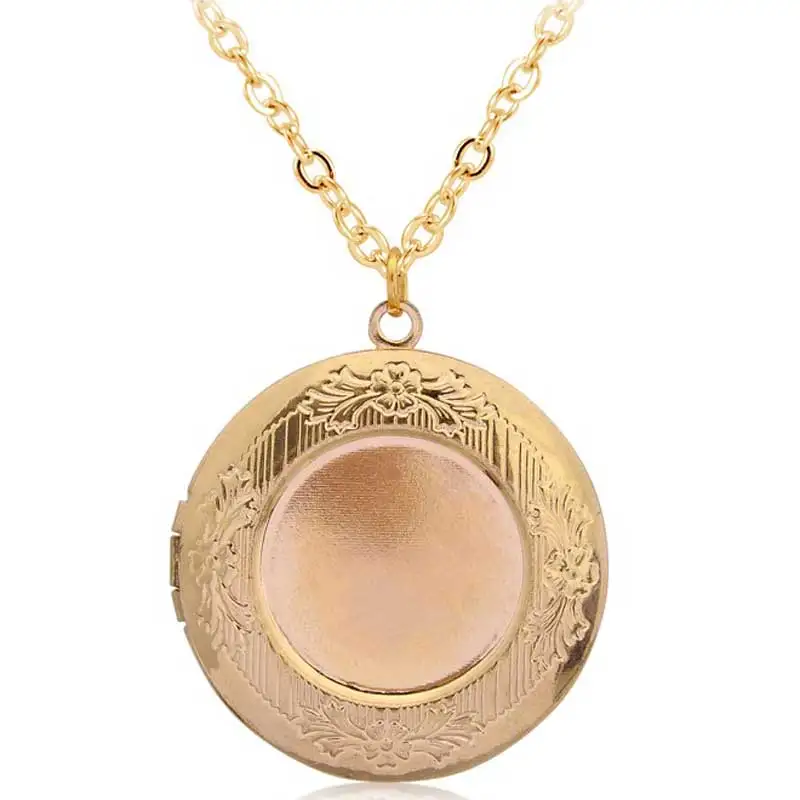 

Vintage Style Antique Bronze Carved Flowers Round Circle Locket Necklace Romantic Anniversary Necklace Jewelry Put Photos Box