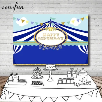 

Sensfun Circus Party Photography Backdrop Bunting Royal Blue White Tent Gold Glitter Happy Birthday Backgrounds 7x5FT Vinyl