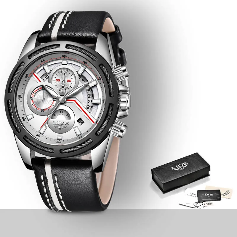 Relogio LIGE мужские часы Топ бренд класса люкс мужские военные спортивные часы повседневные кожаные водонепроницаемые кварцевые часы Relogio Masculino - Цвет: Silver white