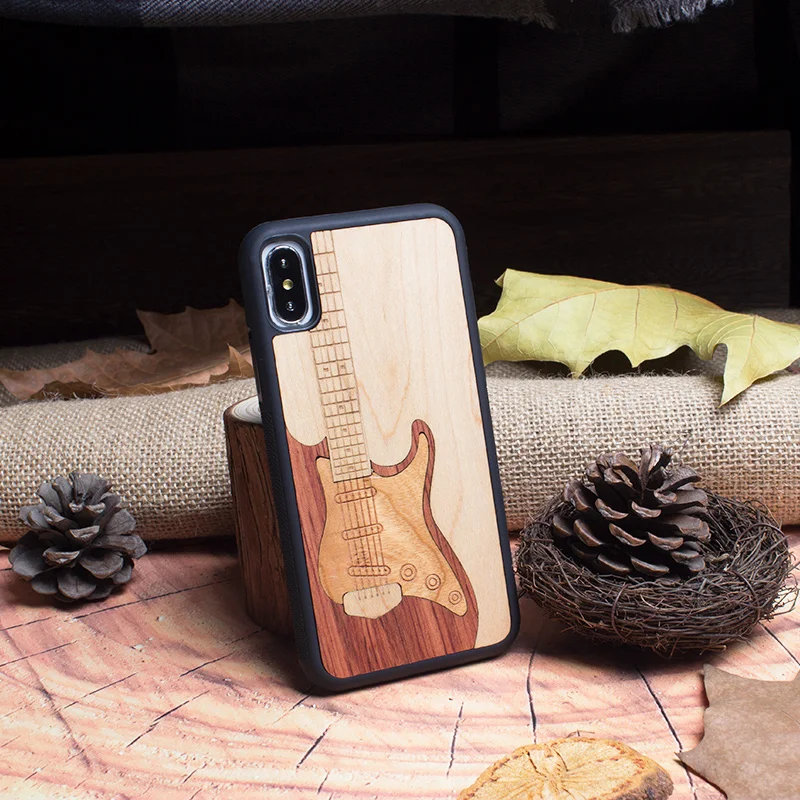

Guitar real wood retro Phone Case For Iphone 6 S 7 8 PLus X S carving Wood Cover business Vintage protective screen wooden shell