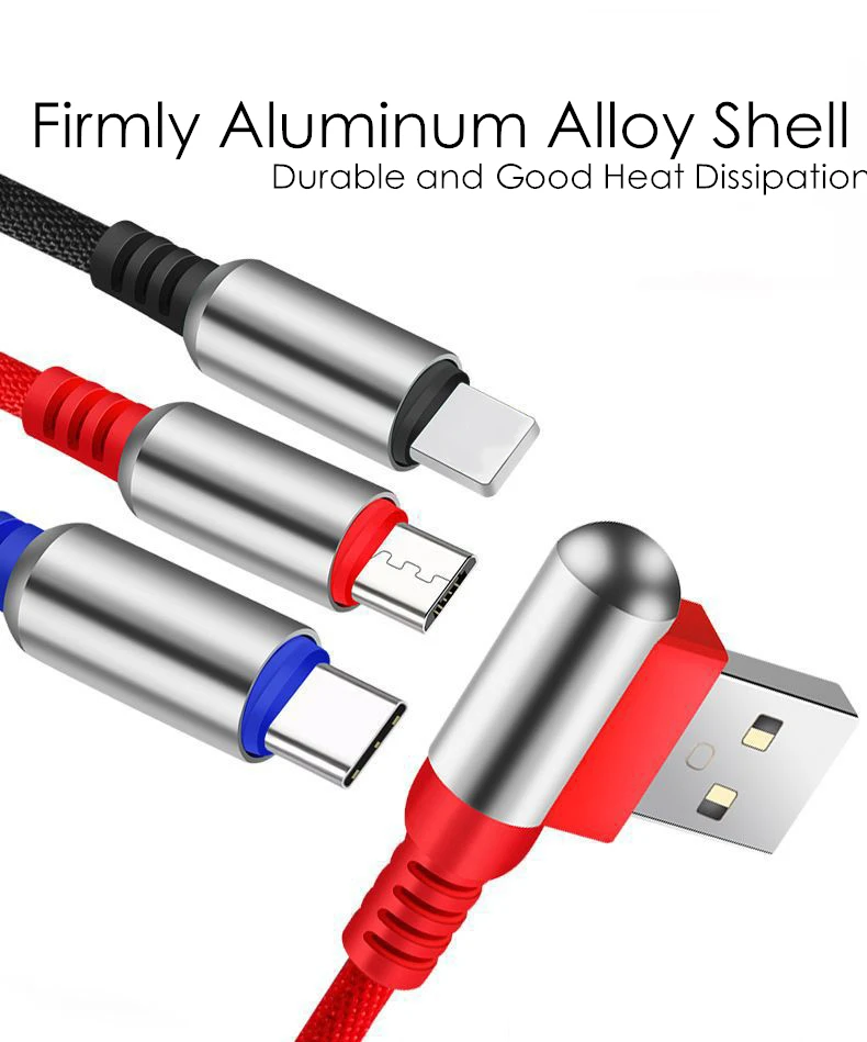 3 в 1 USB кабель из алюминиевого сплава 90 градусов Micro usb type C кабель для huawei Xiaomi Redmi usb-кабель для Samsung для iPhone XR XS MAX