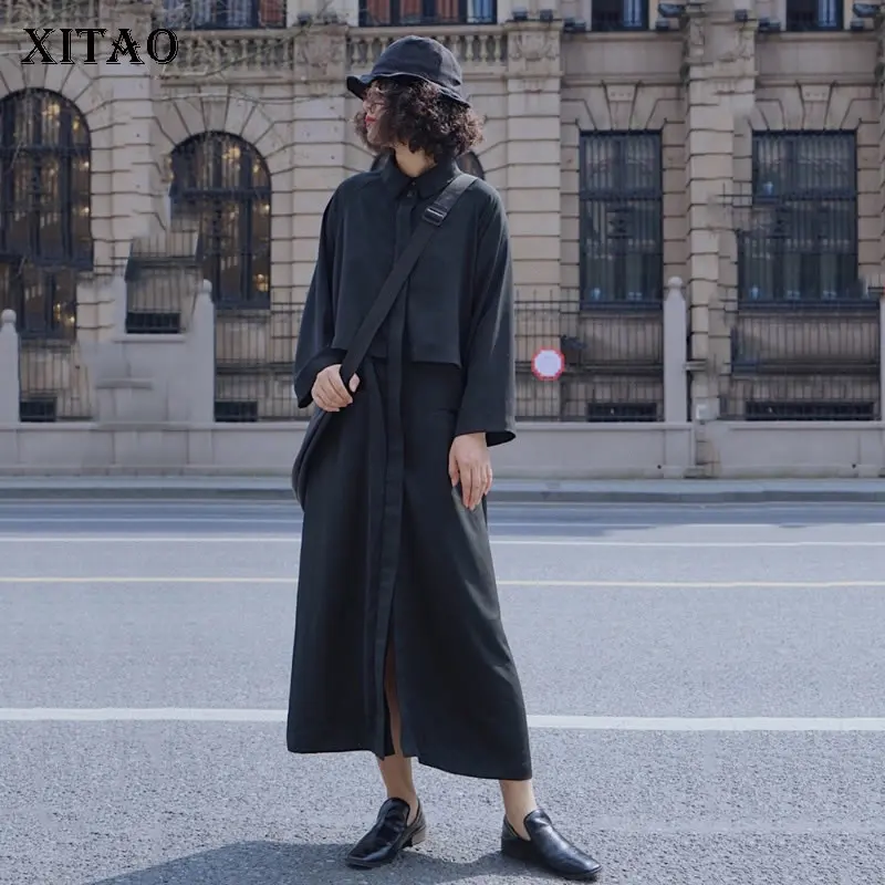 

XITAO Vintage Patchwork Black Dress Korean Fashion Women Clothes 2019 Maxi Dress Turn Down Collar Full Sleeve Autumn WLD2253