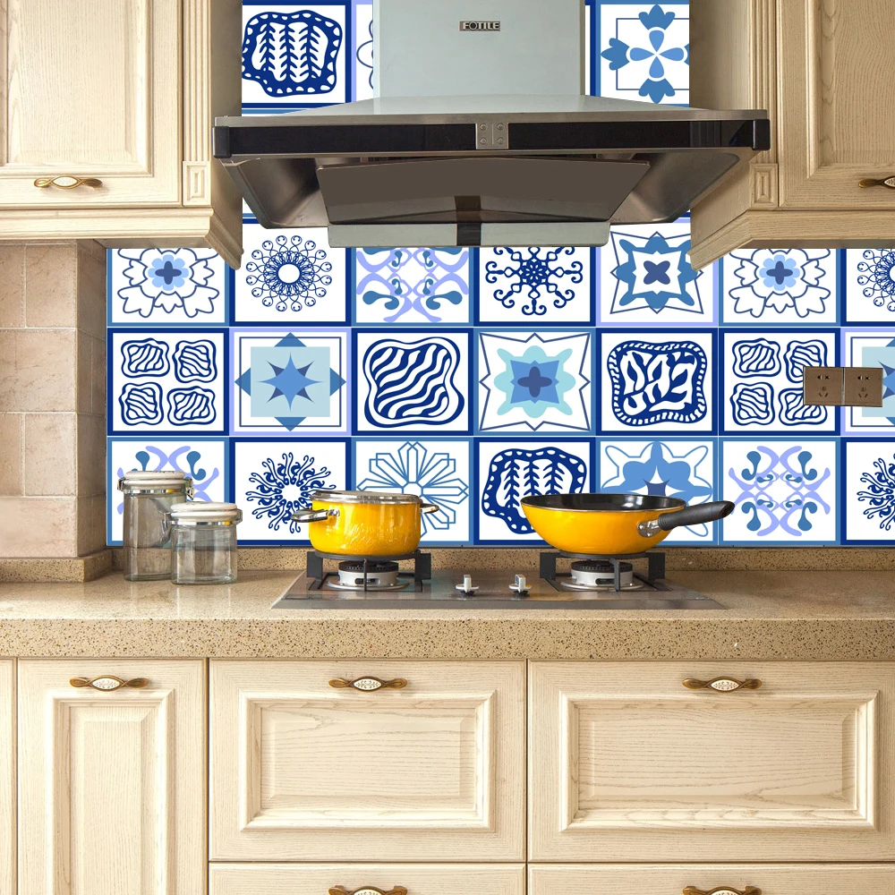 

3D Blue And White porcelain Seamless Mosaic Pattern Hand Drawn Abstract Wall Sticker Bathroom Waist Line Home Decor Vinyl Poster