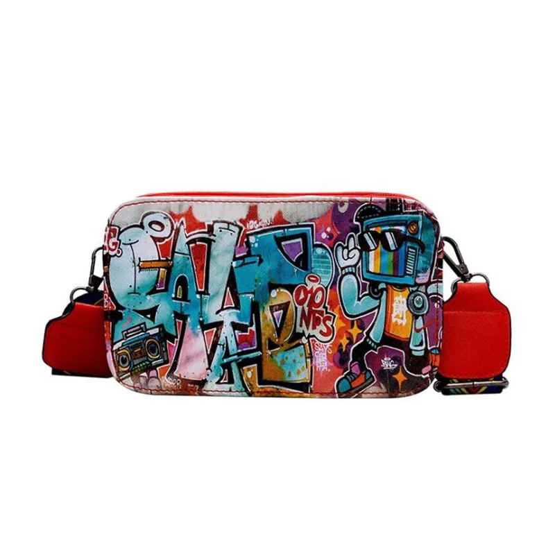 

Women Bags Personality Graffiti Shoulder Bag Small Square Package Wide Shoulder Strap Messenger Bag PU Leather Crossbody Bags
