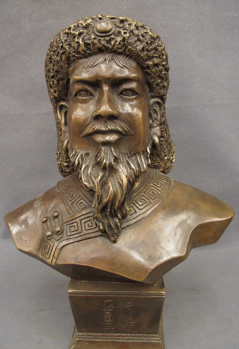 

song voge gem S2622 15" China Bronze Copper Mongolia Genghis Khan Jenghis Khan Head Bust Statue Set