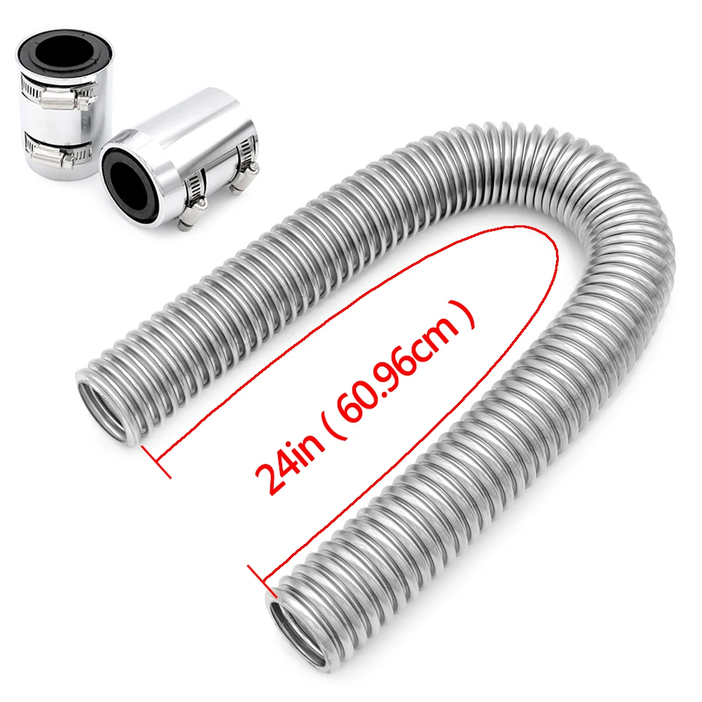 

24" (61cm) Stainless Steel Radiator Hose Flexible Coolant Water Hose Kit With 2 Chrome Caps Universal