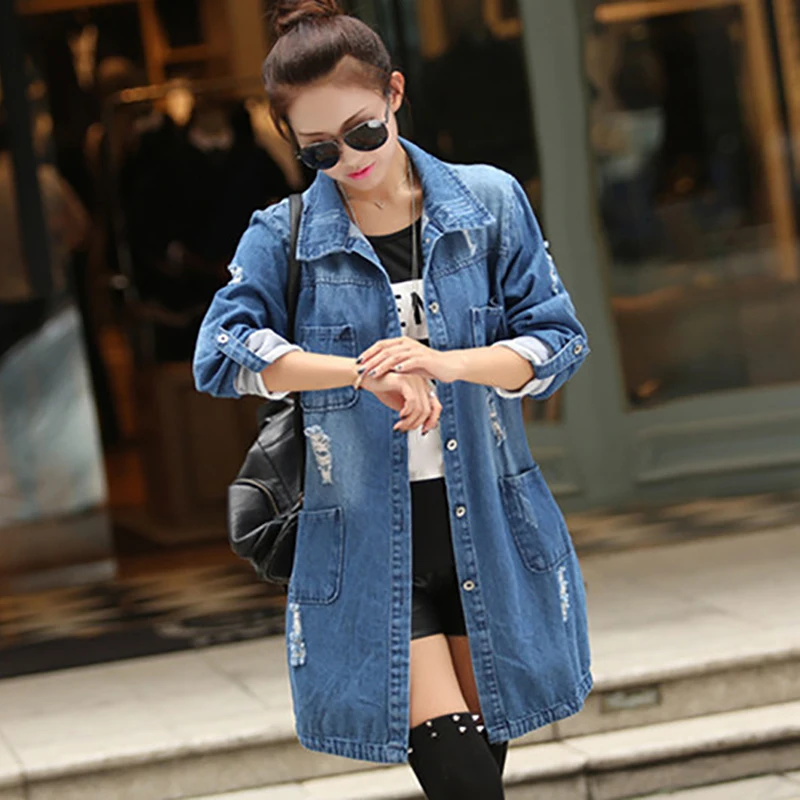 2019 New Spring Autumn Women Denim Long Coats Buttons