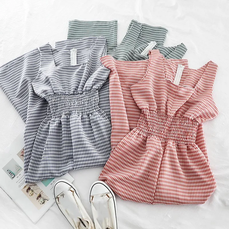 

2019 Summer Bandage Long Pants Rompers Women Casual Elegant Sleeveless Plaid Playsuit Female Yellow Pink Party Rompers