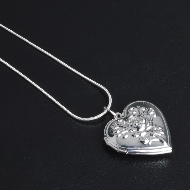 Classic Vintage Rose Flower 925 Sterling Silver Needle Locket Double Heart Necklace Photo El Collar Pendant Women' Best Gift