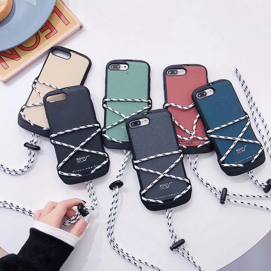 Fashion Lanyard Matte Phone Case For iPhone 7 Plus 6s 8 X XR XS MAX Simple Solid Color Soft TPU Multifunctional Back Cover |