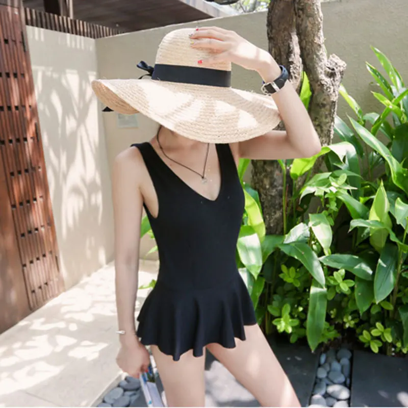 

High quality Summer girl 4 color One piece solid swimwear Floral printing bathing suit Concise Design dress swimsuit