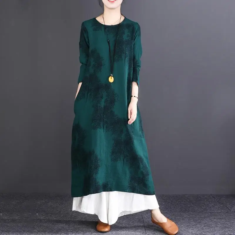 BUYKUD Народная вышивка женское длинное платье 2018 осень новое хлопковое свободное с