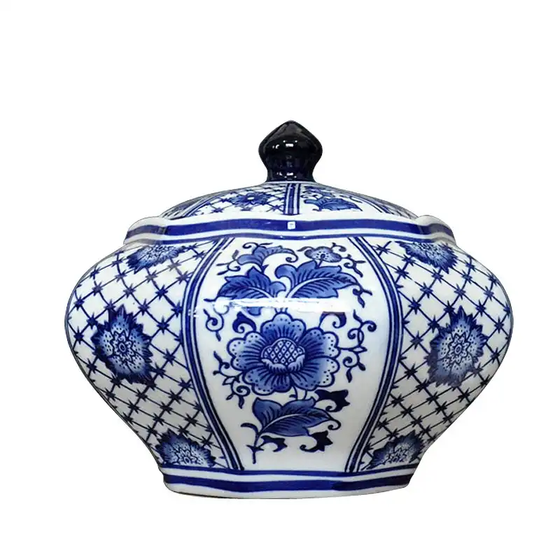 Blue And White Porcelain With Octagonal Canister Blue Background