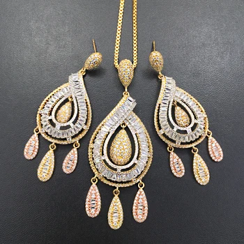 

Lanyika Jewelry Set Distinctive Ethnic Hollow Drop Dangle Zircon Micro Plated Necklace with Earrings Wedding Bridal Best Gifts