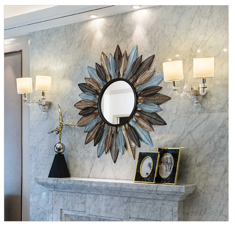 Европейский кованого железа солнце декоративная форма зеркало стены Висячие ремесла, украшения дома гостиной 3D настенные украшения