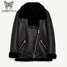 AORRYVLA New Women Faux Sheepskin Coat Winter 2017 Vintage Full Sleeve Zippers Regular Length Motorcycle Turn-Down Collar Jacket