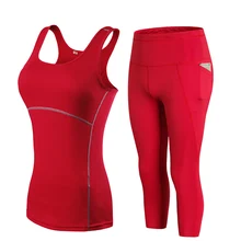 2019 YD ジム女性のスポーツウェアヨガセットのトラックスーツレギンスフィットネスなランニングパンツ女性 Sleevess ベストトップ(China)