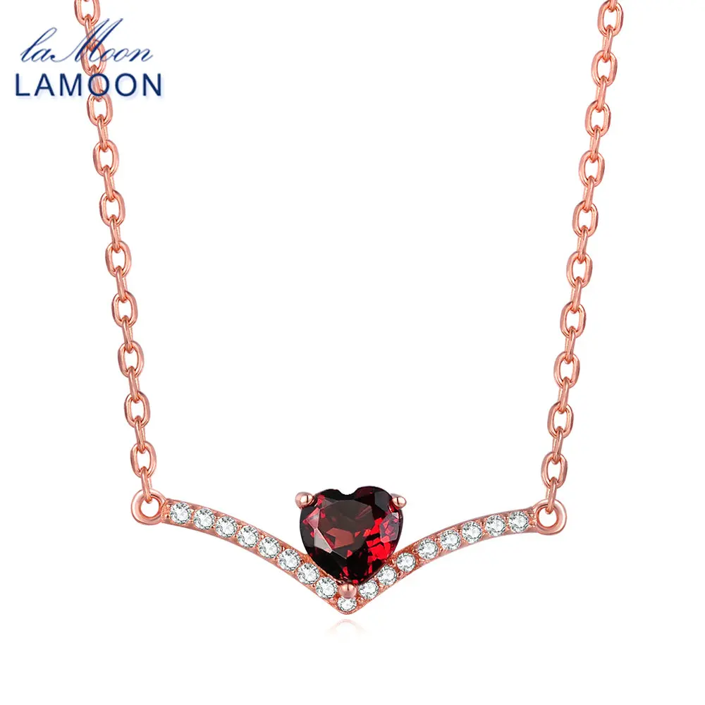 LAMOON Heart Red Garnet 925 Sterling silver jewelry Chain Pendant Necklace For Women Fine Jewelry Rose