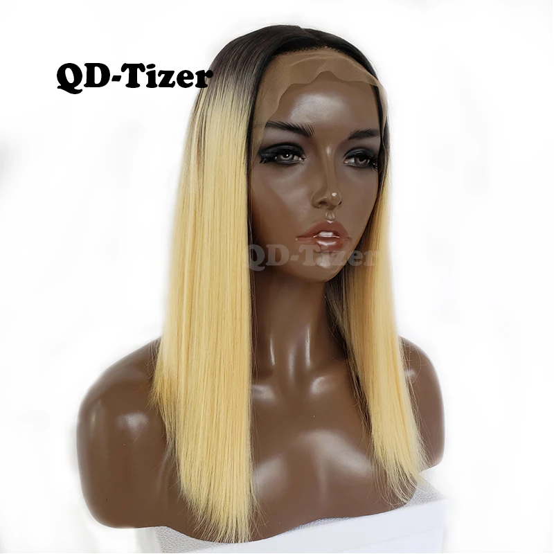 

QD-Tizer BLonde Bob Hair Wig Short Straight Synthetic Lace Front Wig Glueless Ombre Blonde Lace Front Wigs For Black Women