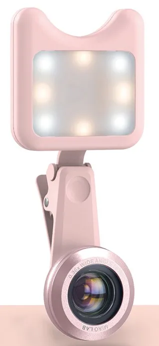 APEXEL 3 в 1, объектив для камеры телефона, широкий макрообъектив+ светодиодный светильник для селфи, объектив для iPhone, объектив для смартфонов на базе android ios - Цвет: Розовый