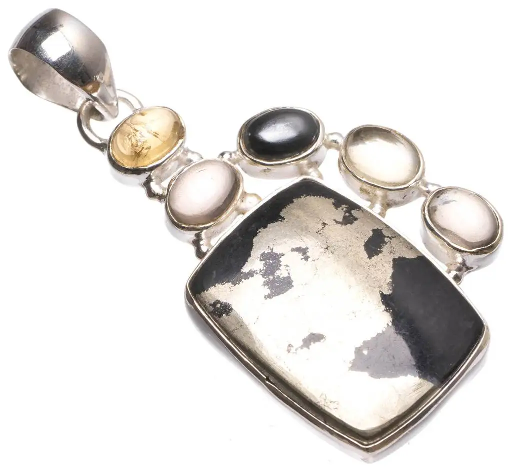 

Natural Apache Gold Stone,Citrine,Smoky Quartz Hematite Boho 925 Sterling Silver Pendant 2" U0184