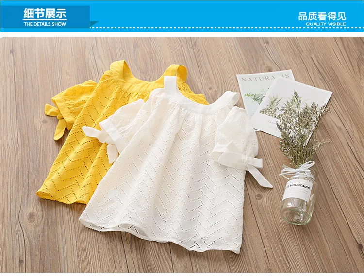 2018 Summer 2-10 Years Children Cotton Solid Color Off Shoulder Strapless Hollow Out Wave Little Sexy Kids Girl Dress Blouse (6)