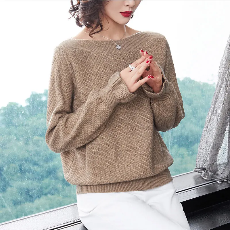 

Knitted Sweaters Women 2019 Spring Autumn wool Sweater Pullovers One word collar Women Khaki Tops Casual Loose Jumpers Femme 96