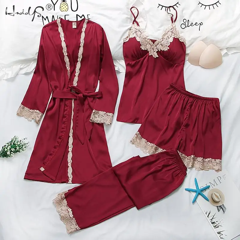 

Women's Pajamas Silk 4pcs Suit Ladies Sexy Satin Pajama Set Female Lace Pyjama Set Sleepwear Autumn Winter Home Wear nightwear