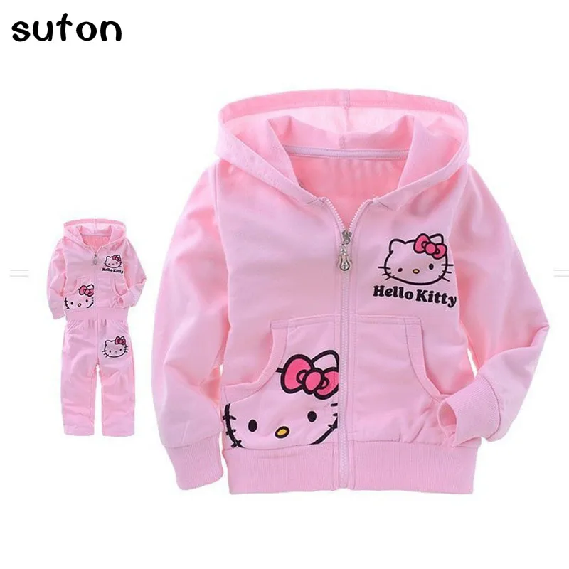 

2017 Spring Pink Baby Girl Girl Set Cotton Long-sleeved Hooded Coat/ Jacket+pant Cartoon Sweet Children Clothing Suit 2-5 Years