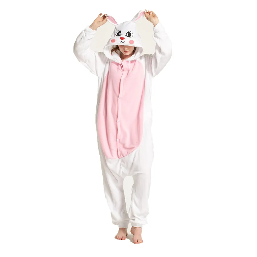 Adults Polar Fleece White Rabbit Animal Kigurumi Women Men Onesies Pyjamas Cosplay Costume Halloween Carnival Party