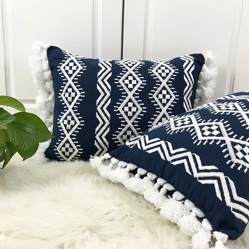 

Navy Blue Embroidery Cushion Cover Ethical Floral Pillow Case with Tassels For Sofa Seat Simple Home Decor 35*45cm
