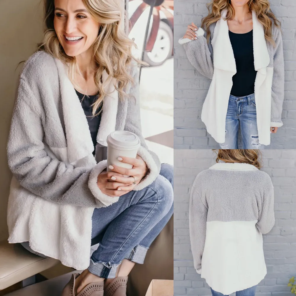 

2019 New Women Autumn Winter Loose Coats Warm Jacket Outerwear Long Sleeve Coat Fashion Spliced Plush Coat Plus Size