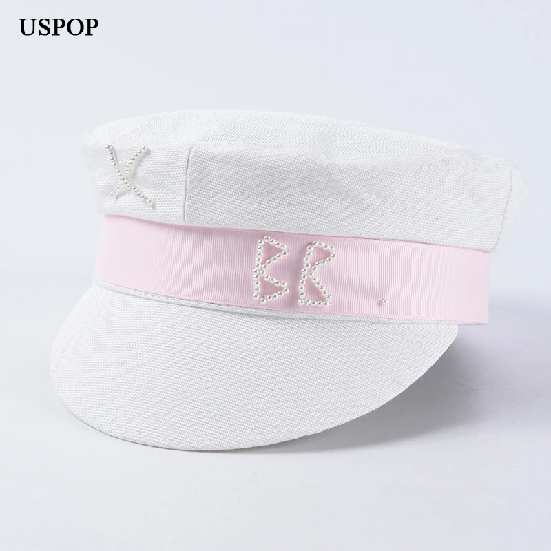 

USPOP 2019 new women caps female spring newsboy caps fashion pearl letter decoration newsboy caps patchwork military caps