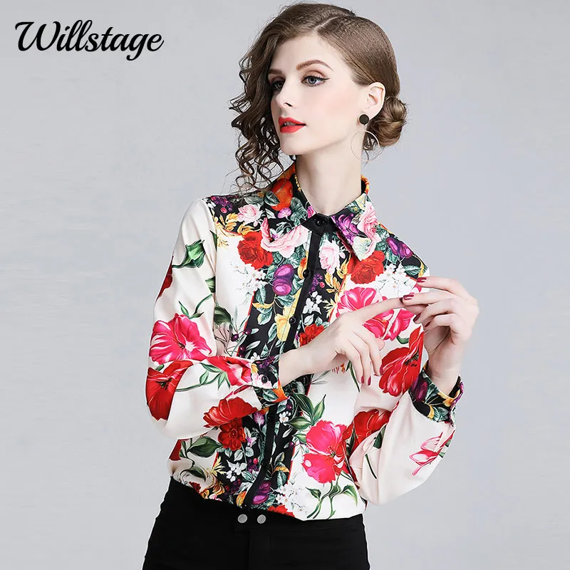 Willstage 2022 Spring New Floral Printed Shirts Women Full Sleeve Blouse Pattern Colorful Tops Elegant Office ladies Work Wear