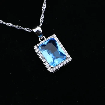 

Square 925 Sterling Silver Chain Necklace Sky Blue Zircon White CZ Slide Pendant For Women Wedding/Engagement/Party/Gifts