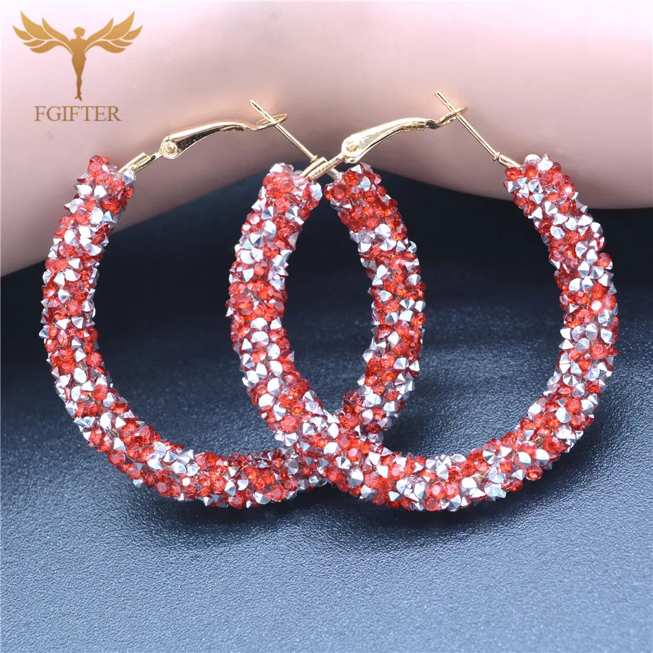 48mm Hoop Earrings for Woman Red Silver Crystals Round Hoops Gold Color Jewellery Women Accessary