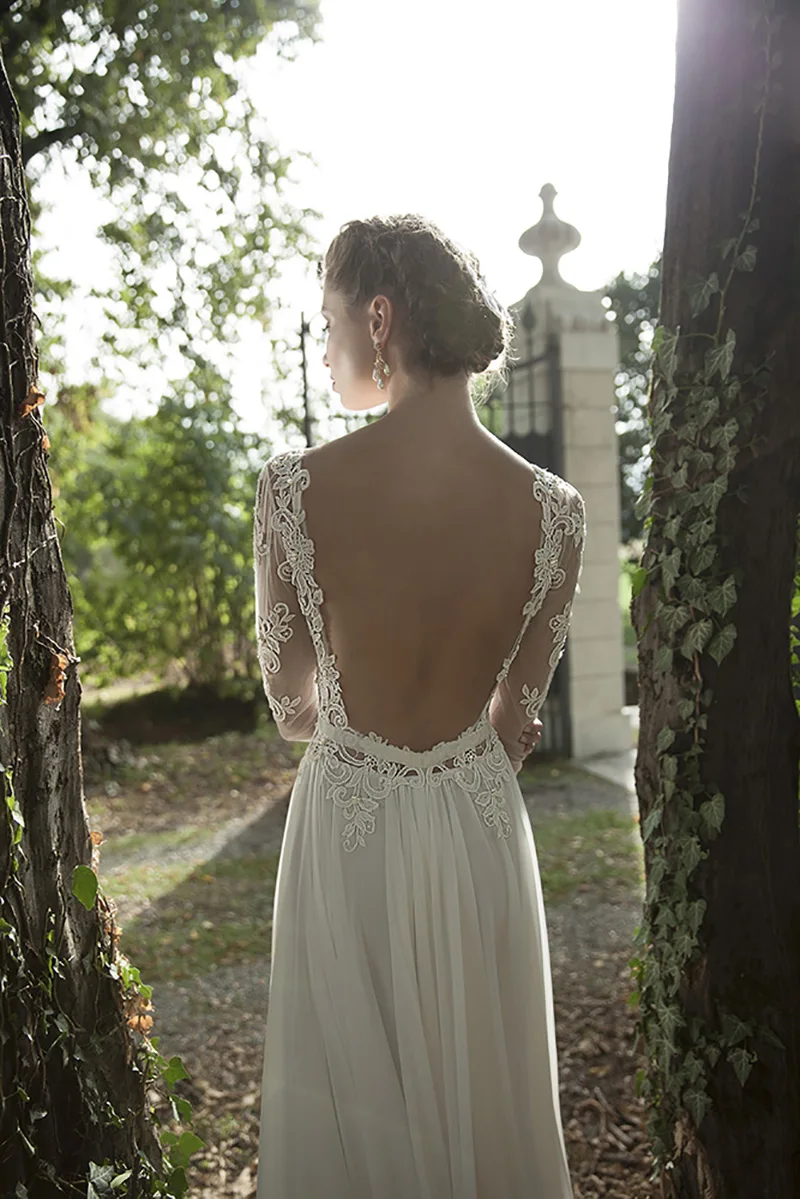 Свадебное платье из шифона с длинным рукавом и аппликацией, кружевное платье невесты, Пляжное Платье с открытой спиной, недорогое свадебное платье