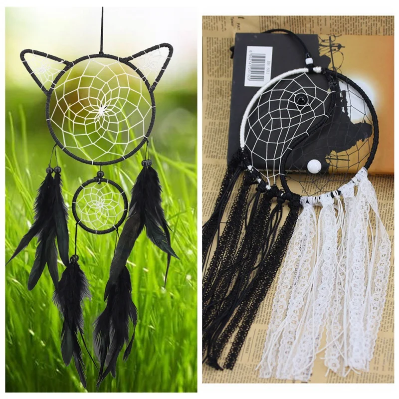 

Cute Kitten Cat Dreamcatcher Handmade Feather Lace Dream Catcher Hanging Car Home Wind Chimes