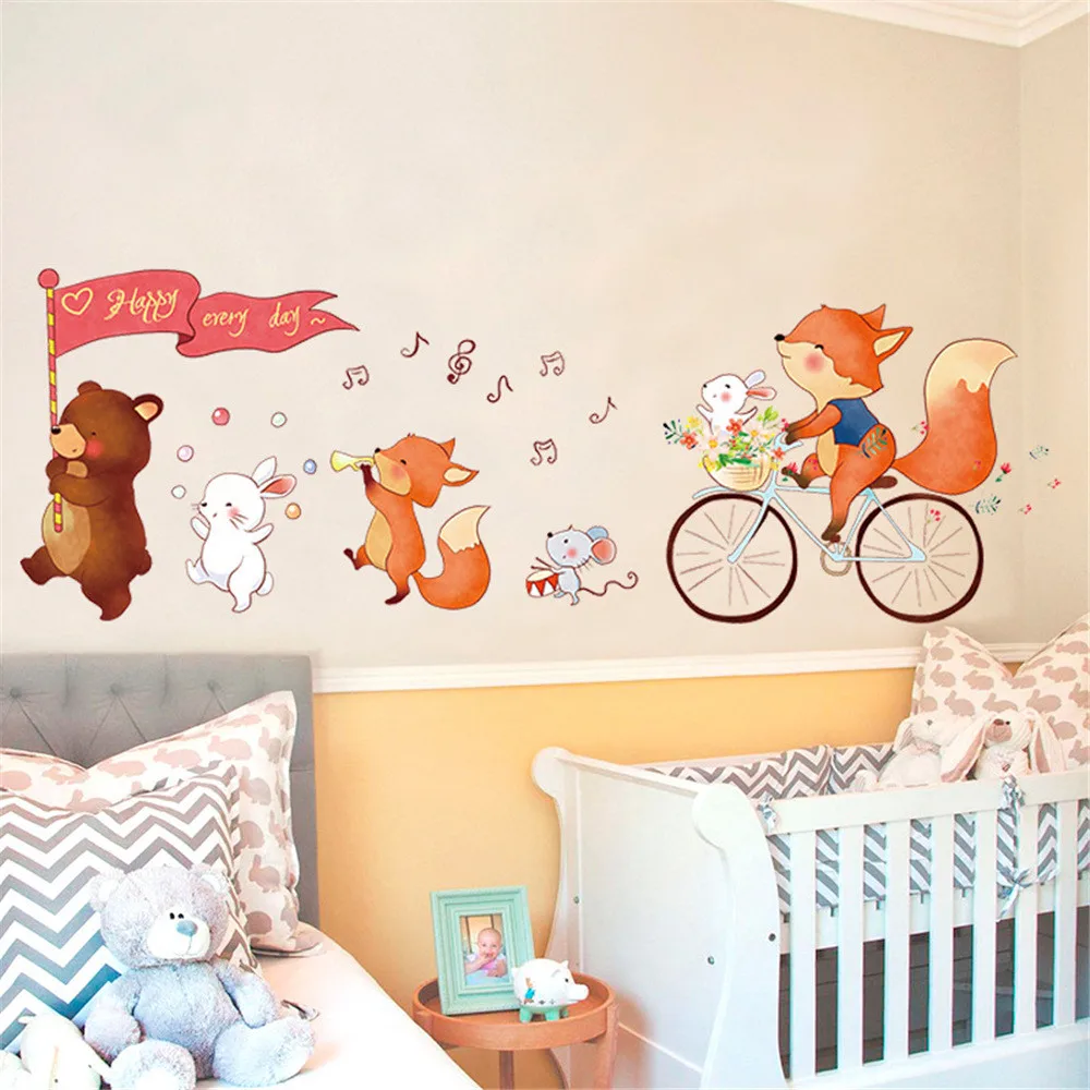 DIY арт домашний декор мультфильм милый медведь и лиса настенные наклейки детская спальня декоративный для детской комнаты обои Съемная семейная наклейка