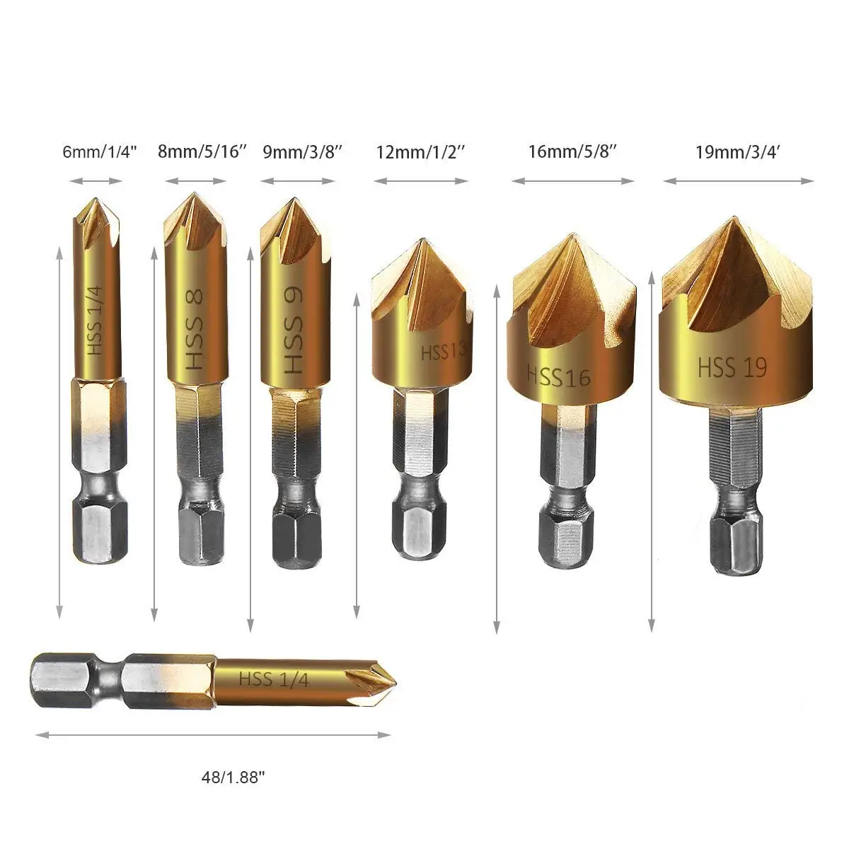 6 шт. набор сверл для зенковки 1/4 ''с шестигранным хвостовиком HSS 5 Флейта Зенковка 90 градусов центральный перфоратор набор инструментов для Резки Фаски по дереву