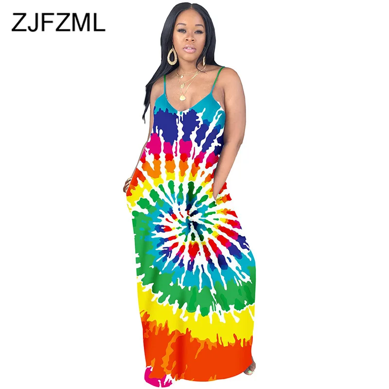 

Rainbow Tie Dye Sexy Boho Beach Dresses Women Spaghetti Strap Backless Long Maxi Dress Summer V Neck Sleeveless Plus Size Dress