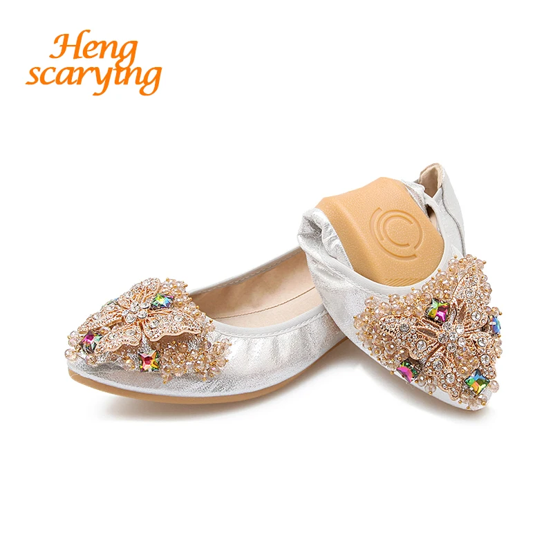 

HENSCARYING 2018 Women Crystal Butterfly Pointed Toe Ballet Flats Rhinestone Flat Plus Size 33-45 Female Shoes Zapatos Mujer