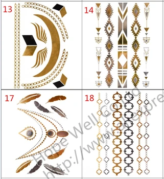 

6sheets 32designs for choose 21x15cm Metallic tattoo jewelry Gold Silver Temporary Tattoos Metal Flash Tattoo New Year Party