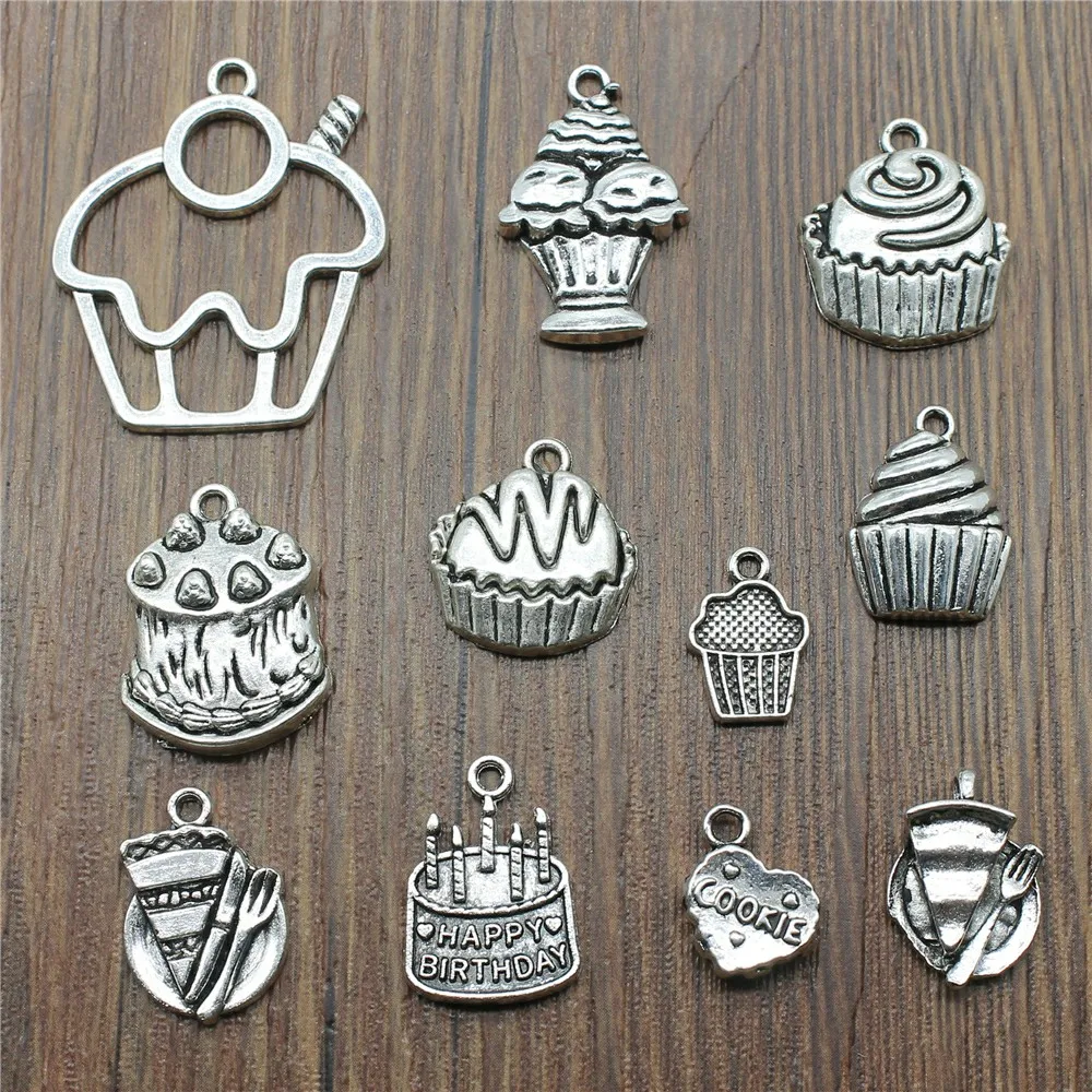 10pcs Cupcake Antique Silver Color 3D Cupcake Pendant Charms Charms For