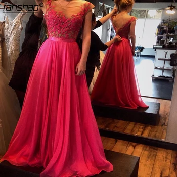 

Fuschia vestidos de formatura Appliques Scoop Cap Sleeve Cheap Evening Gowns Elegant Long Elegant Backless Prom Dresses