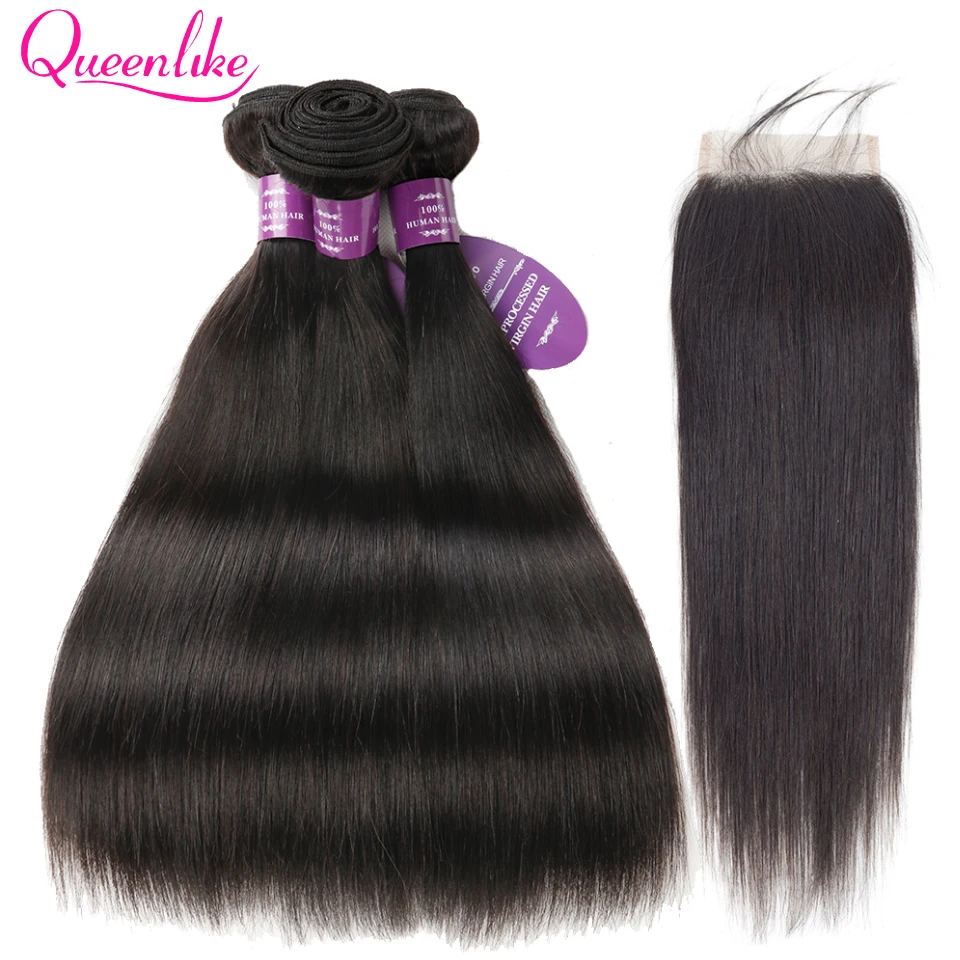 QueenLike Hair Products 2 3 Real Human Hair Bundles With Closure Color 1B Non Remy Peruvian Straight Hair Bundles With Closure