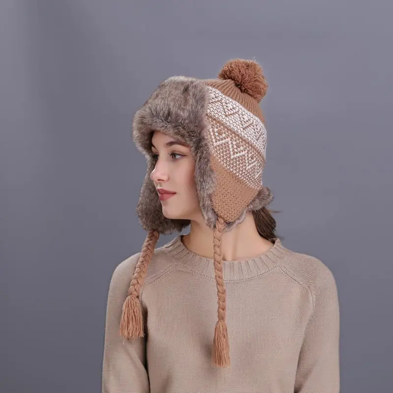 11 Styles Women Winter Thicken Lining Earflap Hat Knitted Contrast Color Snow Ski Beanie Cap Pompom Ball Long Tassels Ear Warmer