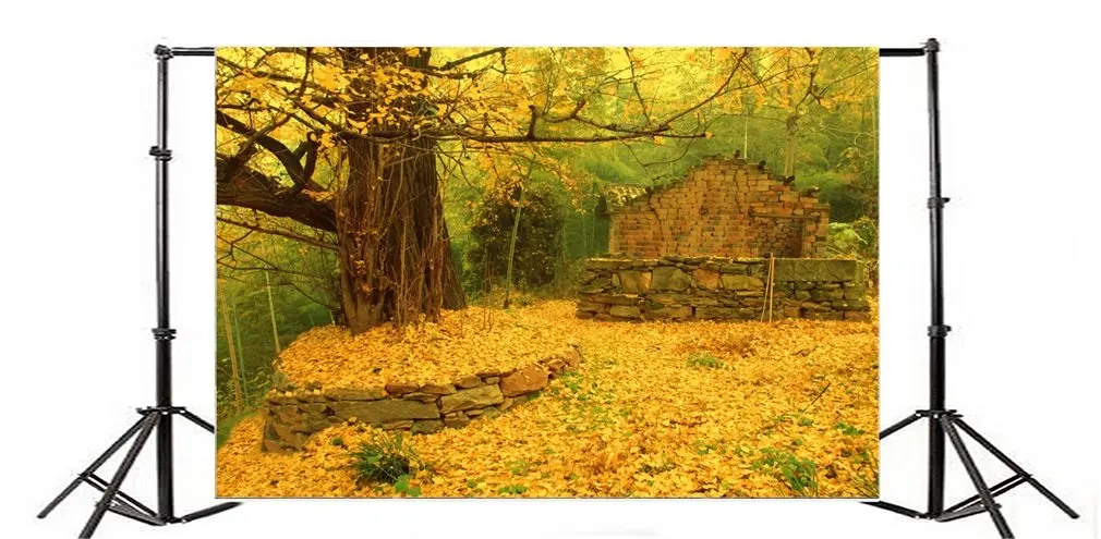 

Photography Backdrop Autumn Shabby Chic Ruined Brick House Trees Golden Leaves Nature Ric